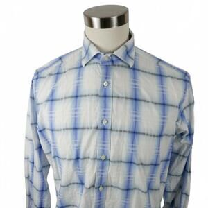 Jack Stone Thomas Dean Mens Button Up Blue Plaid Dress Shirt L